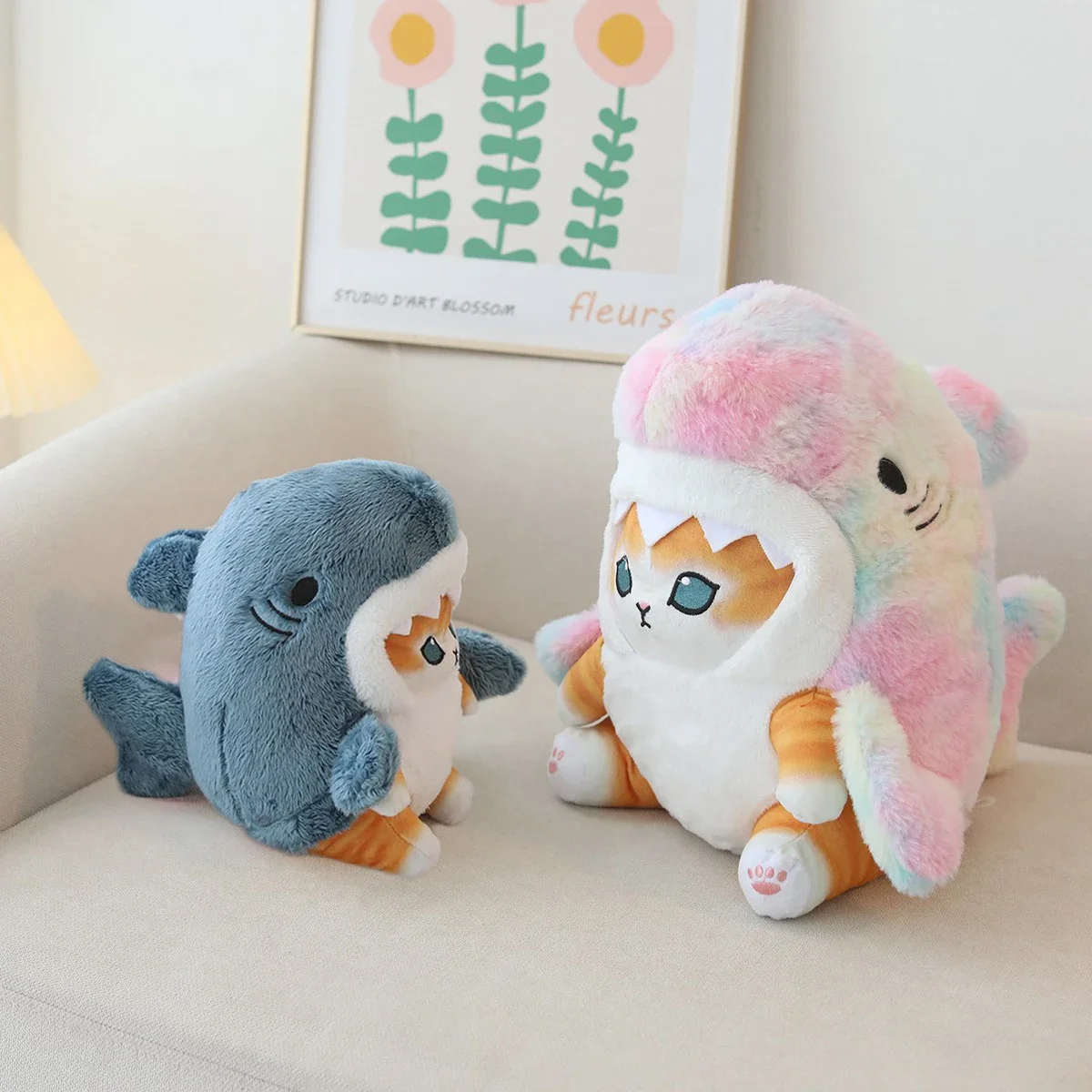Kawaii Shark Cat Plush Toy Soft Stuffed Colorful Shark Cat Doll Kids Toys Birthday Christmas Gift for Boys Girls