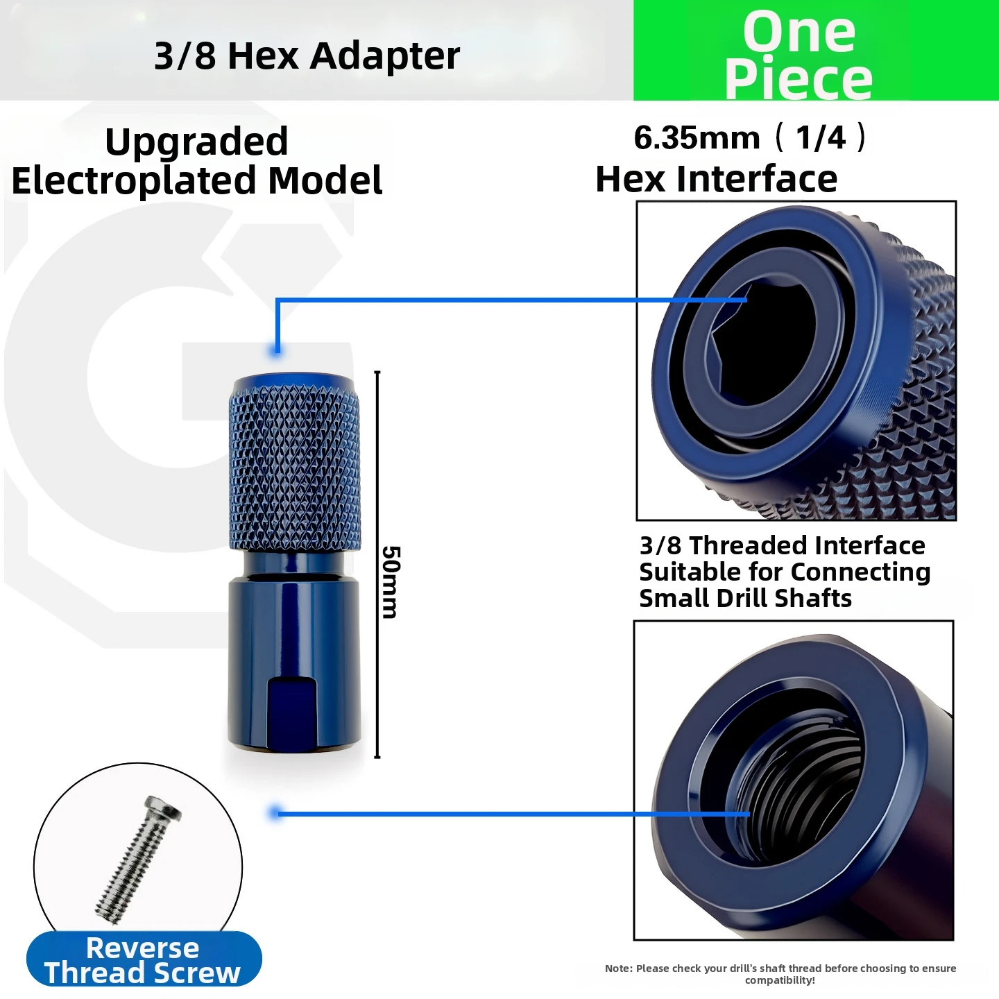 3/8 inch to 6.35mm Hex Shank Adapter for 100mm For Angle Grinder Featuring M10 Thread Connection and Knurled Grip