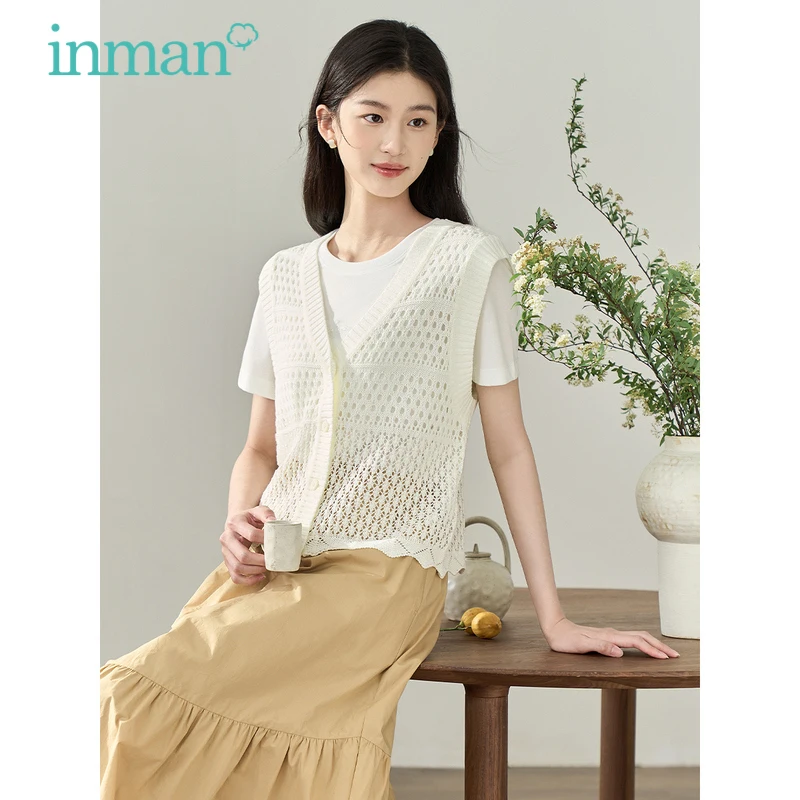 

INMAN Women Knitted Vest 2023 Summer Sleeveless V Neck Loose Tank Tops Hook Flower Hollowed Out Thin Casual Simple Basic Tshirt