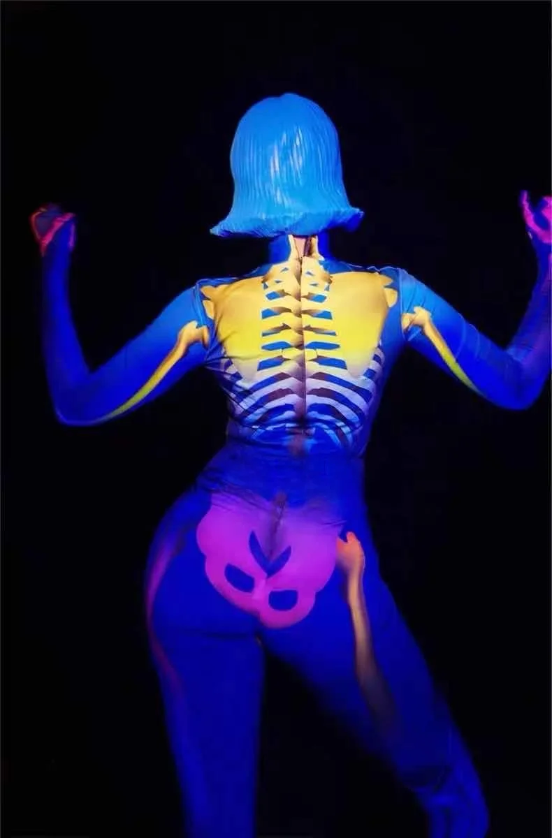 ชุดวันพีซพิมพ์ลายหลากสีเรืองแสงสุดเซ็กซี่สำหรับใส่ในไนท์คลับ บาร์ เต้นรำ  ชุดแสดง T Par GOGO  ชุดฮาโลวีน