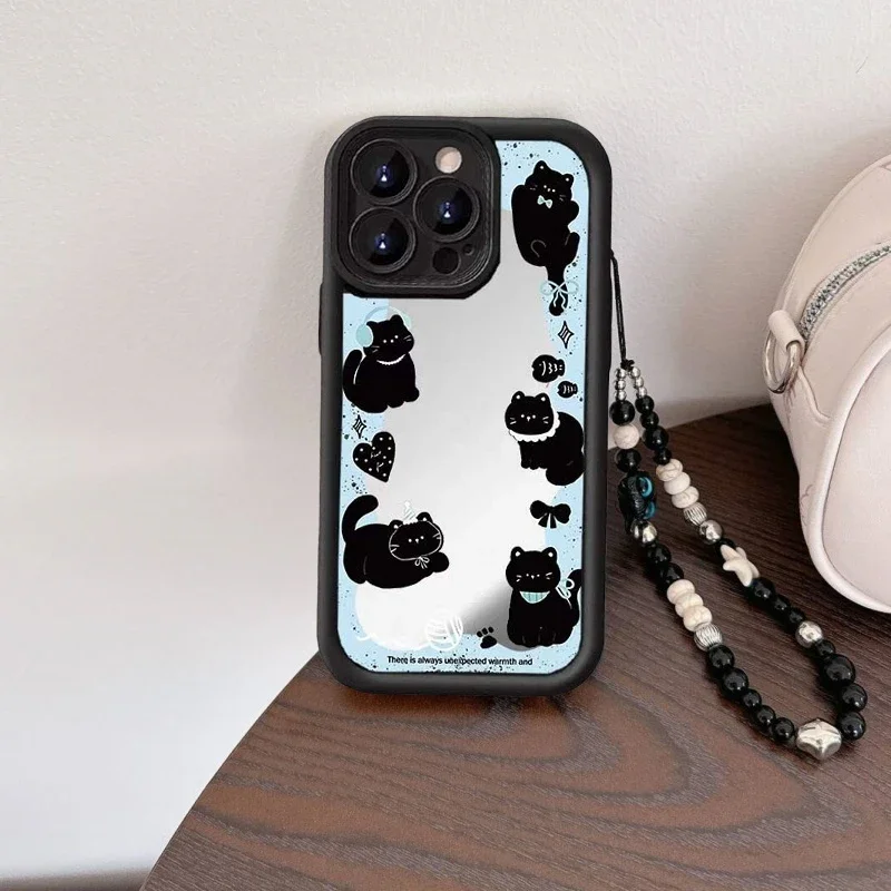 INS الكورية لطيف مرآة القطة السوداء سوار سلسلة جراب هاتف لجوجل بكسل 9 8 7 برو 5G بكسل 7A 8A 9 برو XL غطاء مقاوم للصدمات