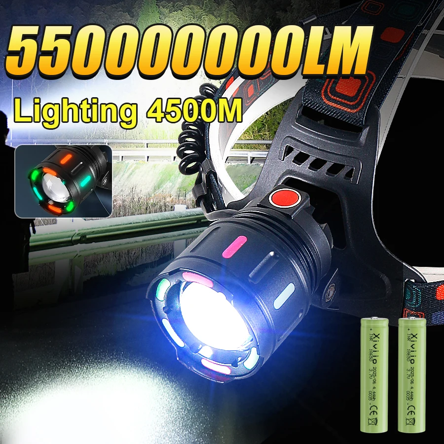 Powerful Headlight 550000000LM USB Rechargeable Head Light Waterproof Fishing Head Torch With Fluorescent Light LED Head Lantern