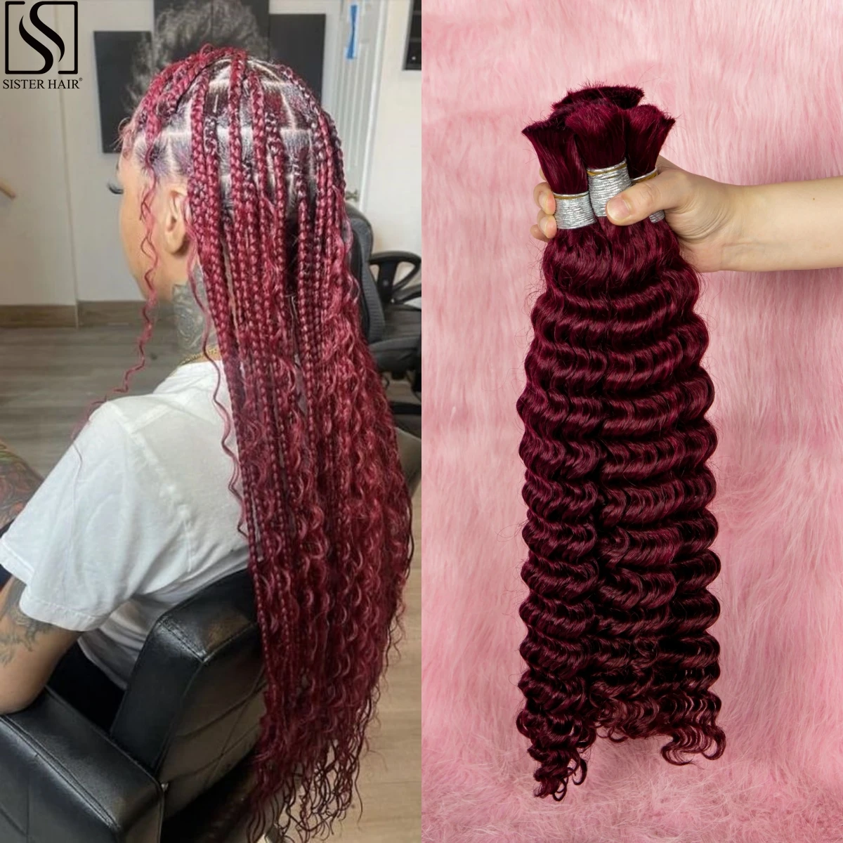 

26 28 Inch Human Hair For Braiding Burgundy Deep Wave Bulk No Weft 100% Virgin Hair Colorful Human Braiding Hair For Boho Braids