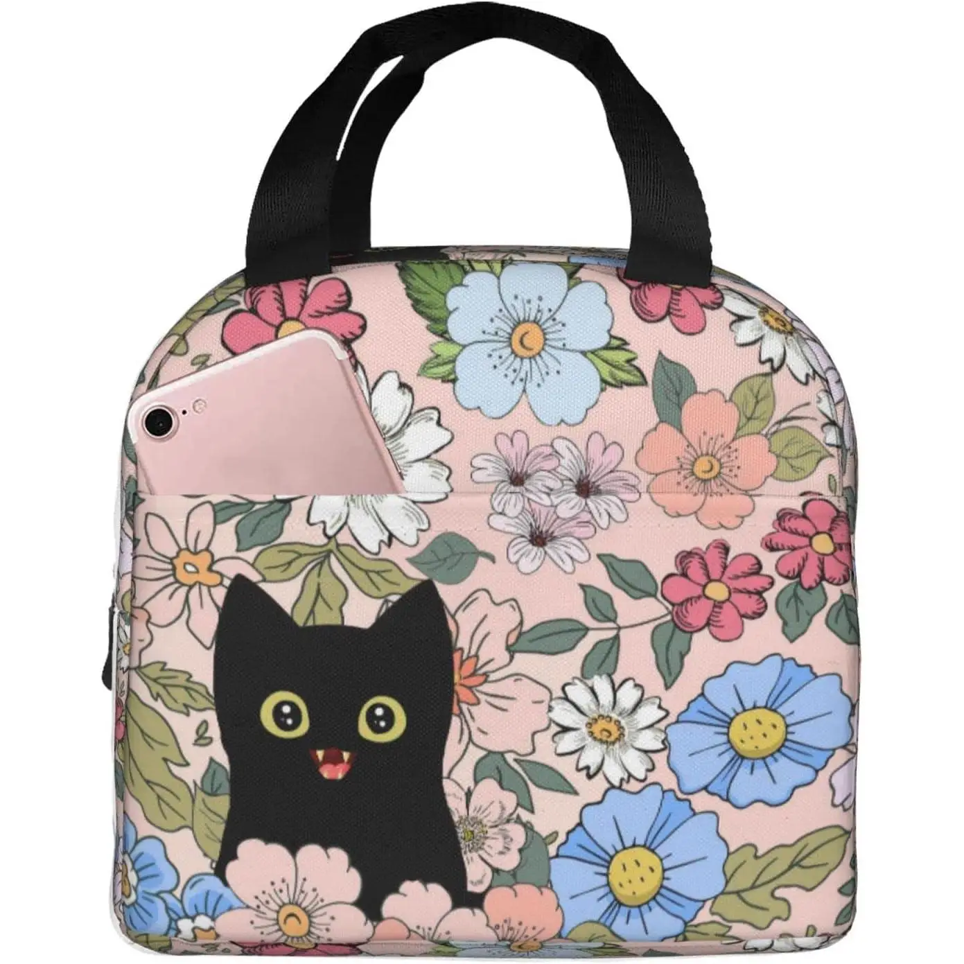 

Black Cat Flower Lunch Box Insulated Totes Lunch Bag Thermal Cooler Lunchbox for Kids Teens Boy Girls Beach Travel Picnic