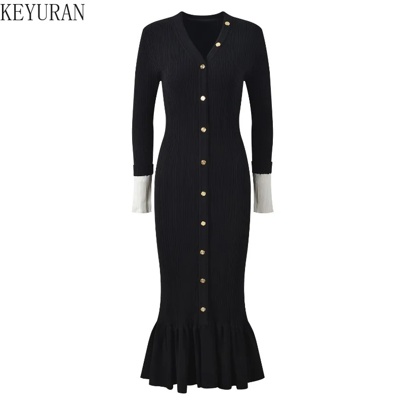 Autumn Korean Knitted Maxi Dress Women V Neck Long Sleelve Single Breasted Bodycon Dresses Office Lady Elegant Party Vestidos