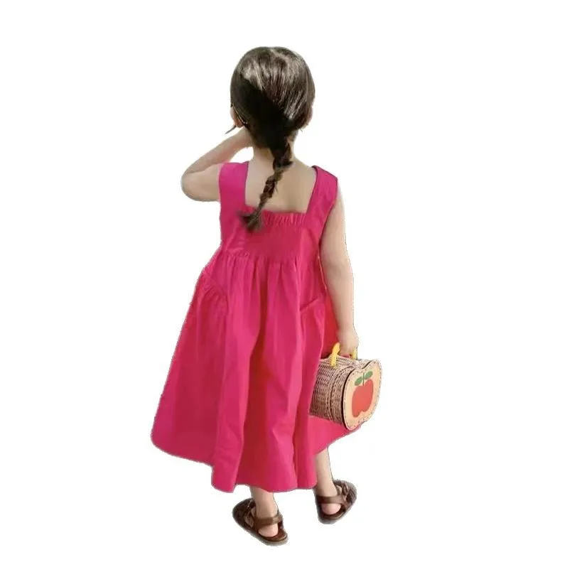 فستان بناتي صيفي جديد لعام 2025 النسخة الكورية فستان بدون أكمام للأطفال سترة قطن للأطفال بلون سادة فستان بمزاج بسيط