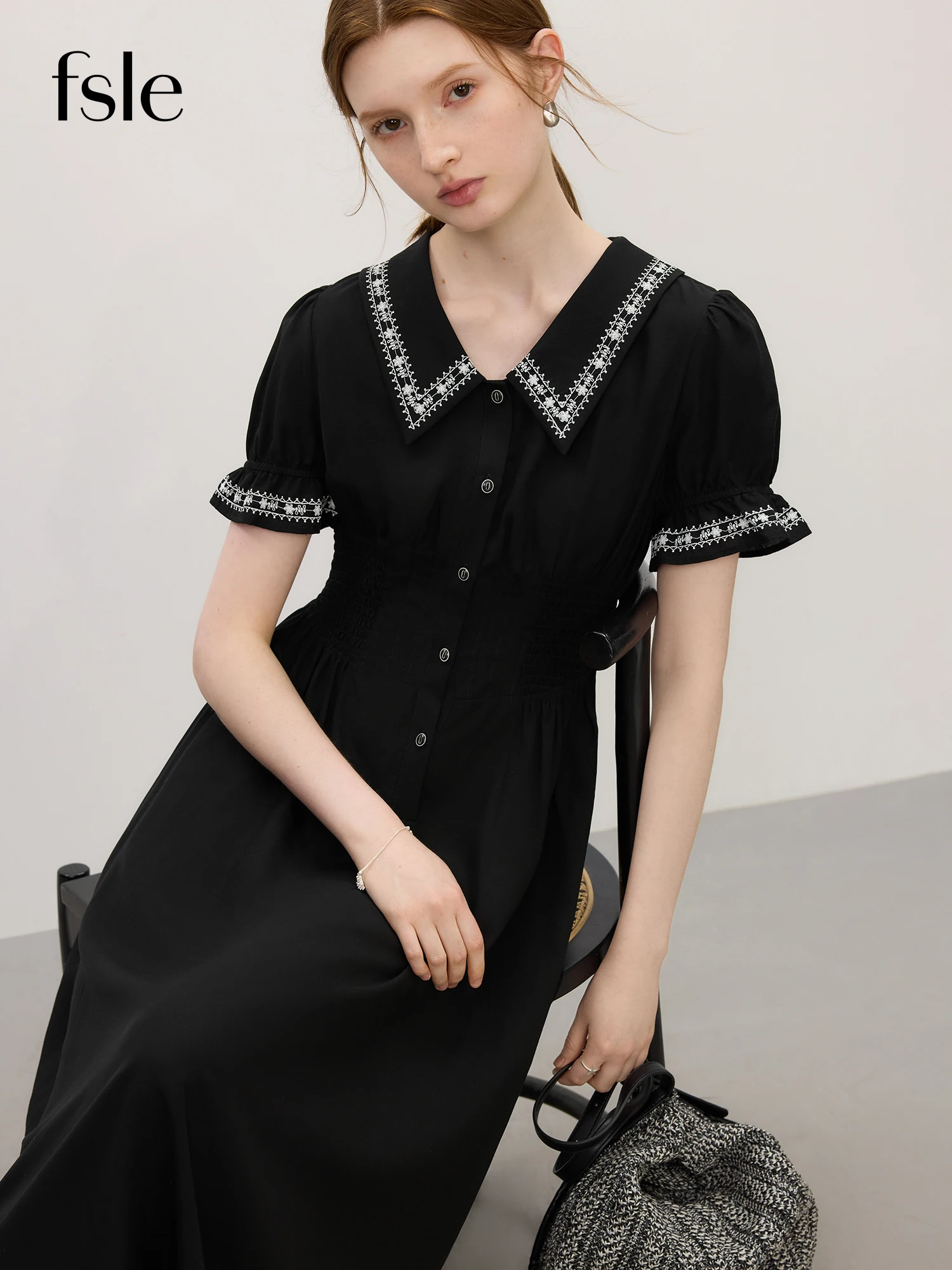 

FSLE Tencel Linen Elegant Commuting French Audrey Hepburn Style Women's Summer Short Sleeve Little Black Dress 25FS12841