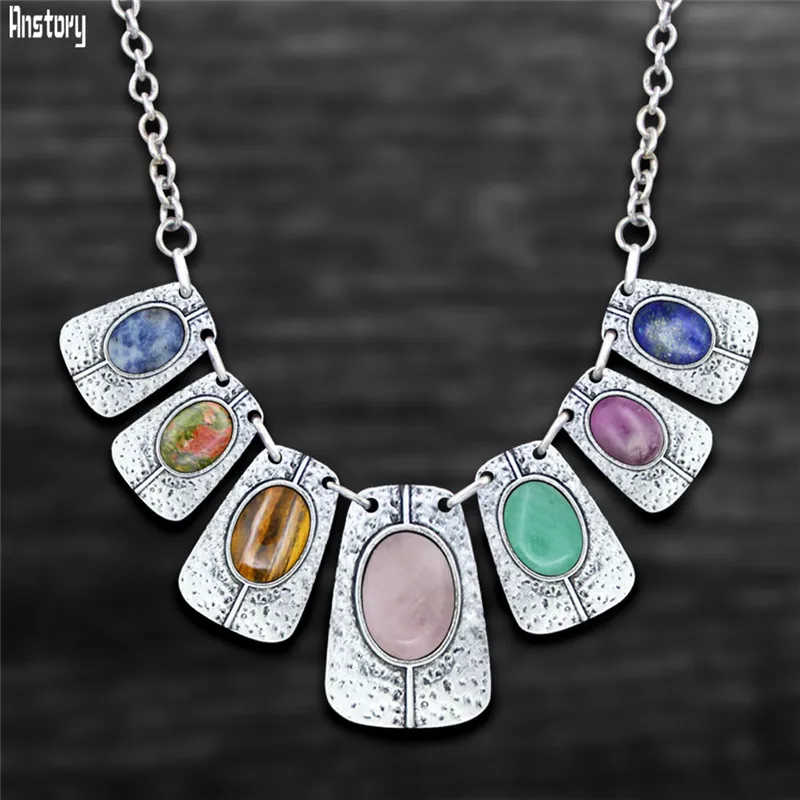 Vintage Oblong Natural 7 Chakra Natural Stone Necklace For Women Antique Silver Plated Quartz Tiger Eye Lapis Fashion Jewelry