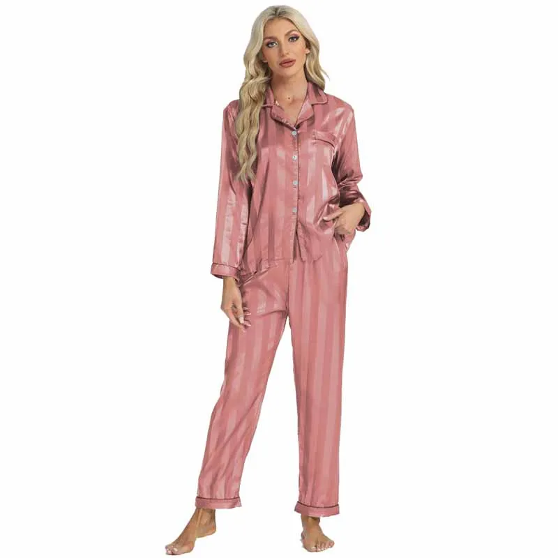 Women Satin Stripes Pajamas Set Lapel Long Sleeve Shirt&pants Pijamas Suit 2 Pcs Silk Loose Sleepwear Casual Homewear Nightwear