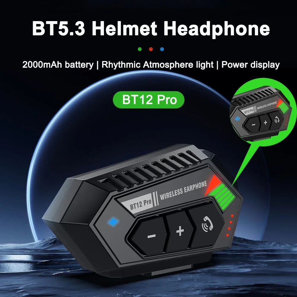 Bluetooth 5.3 Motorcycle Helmet Headset Hands-free Call Kit 2000mAh Waterproof LED Poewer Display,Rhythmic RGB light Earphone