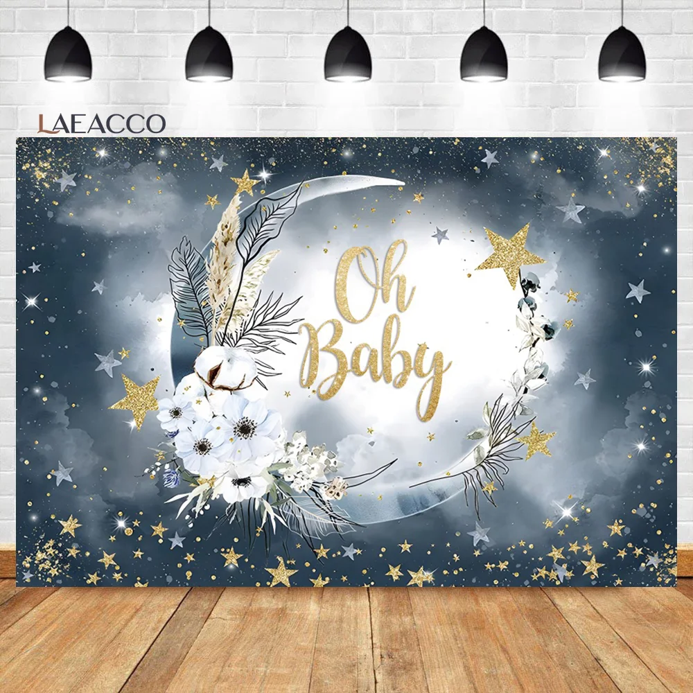 

Laeacco Glitter Moon Baby Shower Backdrop Twinkle Stars Clound Newborn Kids Birthday Portrait Customized Photography Background