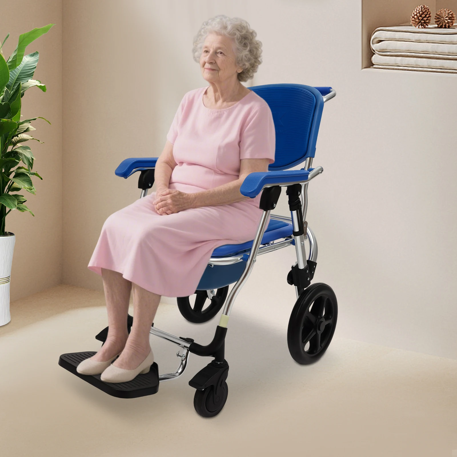 Folding Shower Commode Wheelchair, Beside Commode Chair, Rolling Shower Chair with Armrests and Backrest, Shower Chair with Wheels for the Elderly Disabled Pregnant Women and People with Limited Mobility as a Bedside Commode a Shower Chair a Daily Wheelc
