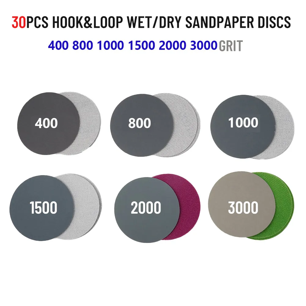 30pcs Water/Dry Sanding Paper 3inch 75mm Hook & Loop Sanding Disc 400 800 1000 1500 2000 3000 Grit Sand Paper Abrasive Tools