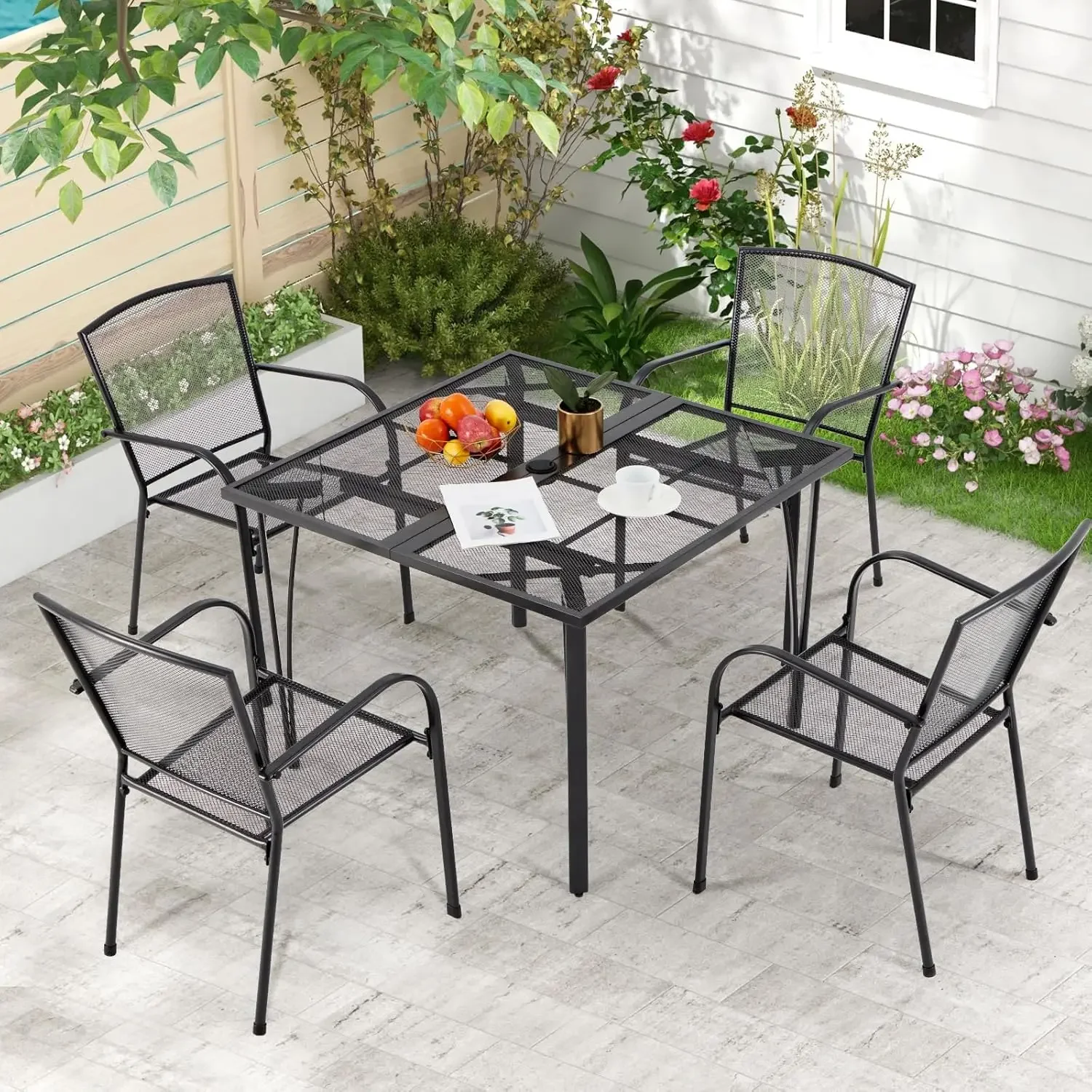 39.4' Outdoor Patio Dining Table for 4, Square Metal Patio Table with 1.6' Umbrella Hole, All-Weather