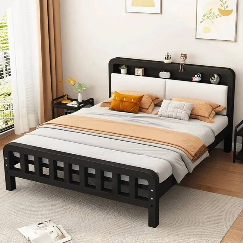 Durable Iron Bed Frame with Leather Headboard Bedroom Adjustable Height Bed Bases with Storage Home Hotel Sturdy Mattress Pallet