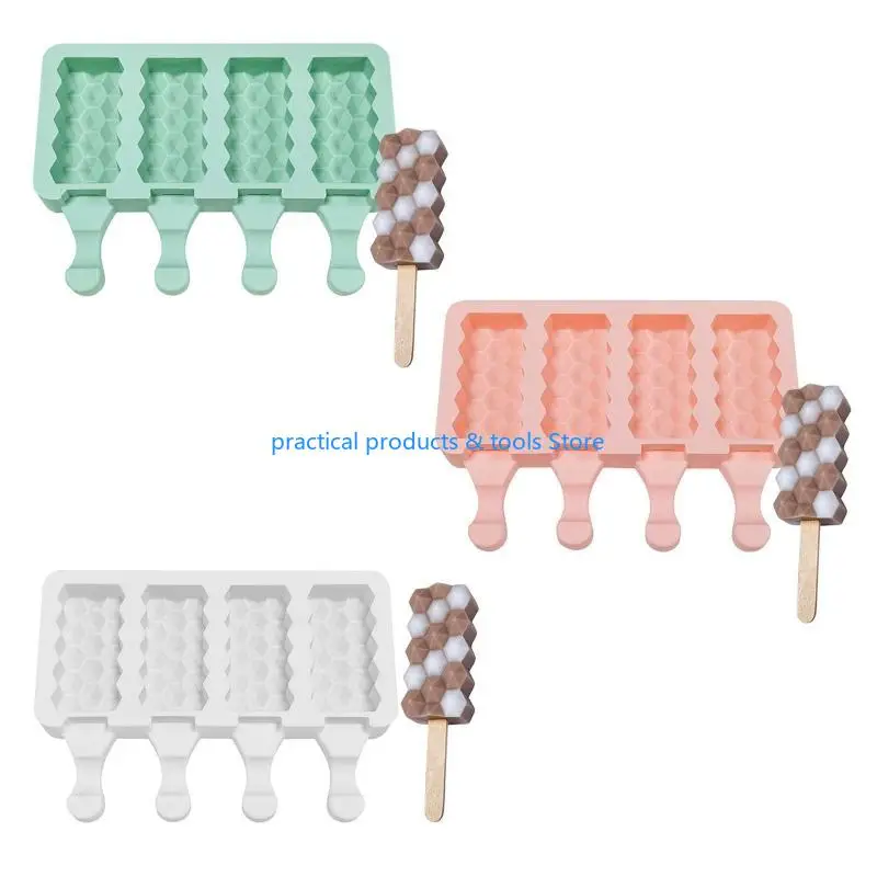 

77JB 4 Cavities Diamond Popsicles Mold Non-stick Silicone Ice Cream Molds Homemade DIY Dessert Juice Ice-Pop Mould for Kids