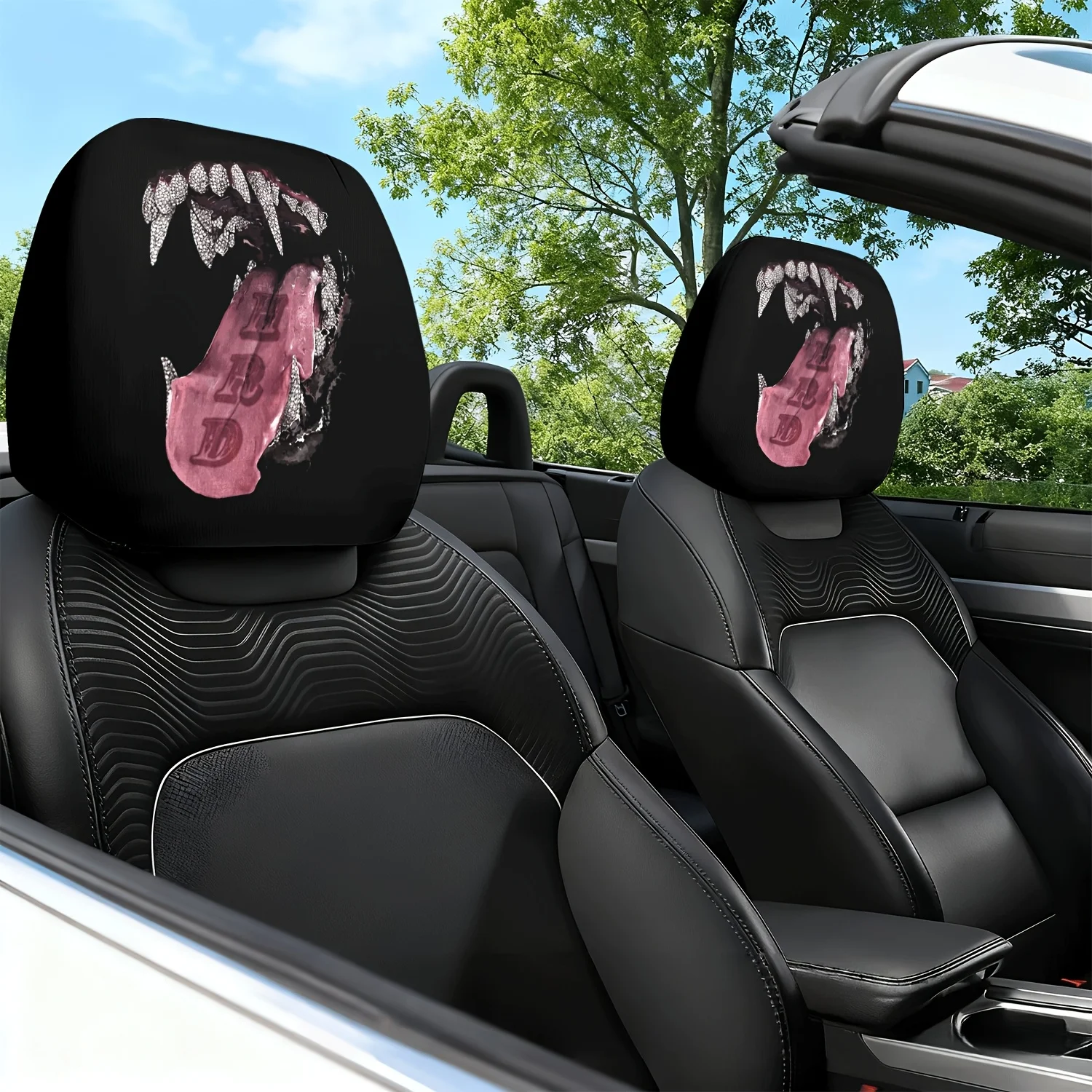 2er-Set Auto-Kopfstützenbezüge mit Diamant-Zähnen, Blutzunge und Traumfresser-Motiv - Rutschfeste Autositzkissen-Bezüge für Kopfstützen und Nackenkissen