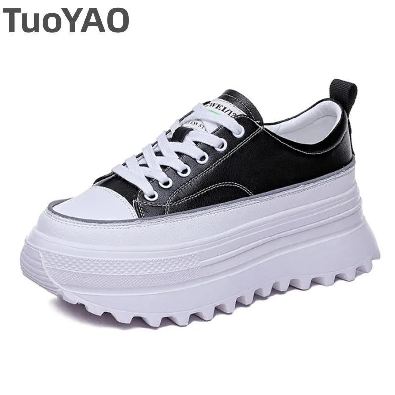 

7cm Genuine Leather Shoes Platform Wedge Skate Boarding High Brand Heels Casual Women Vulcanized Spring Autumn Shoes