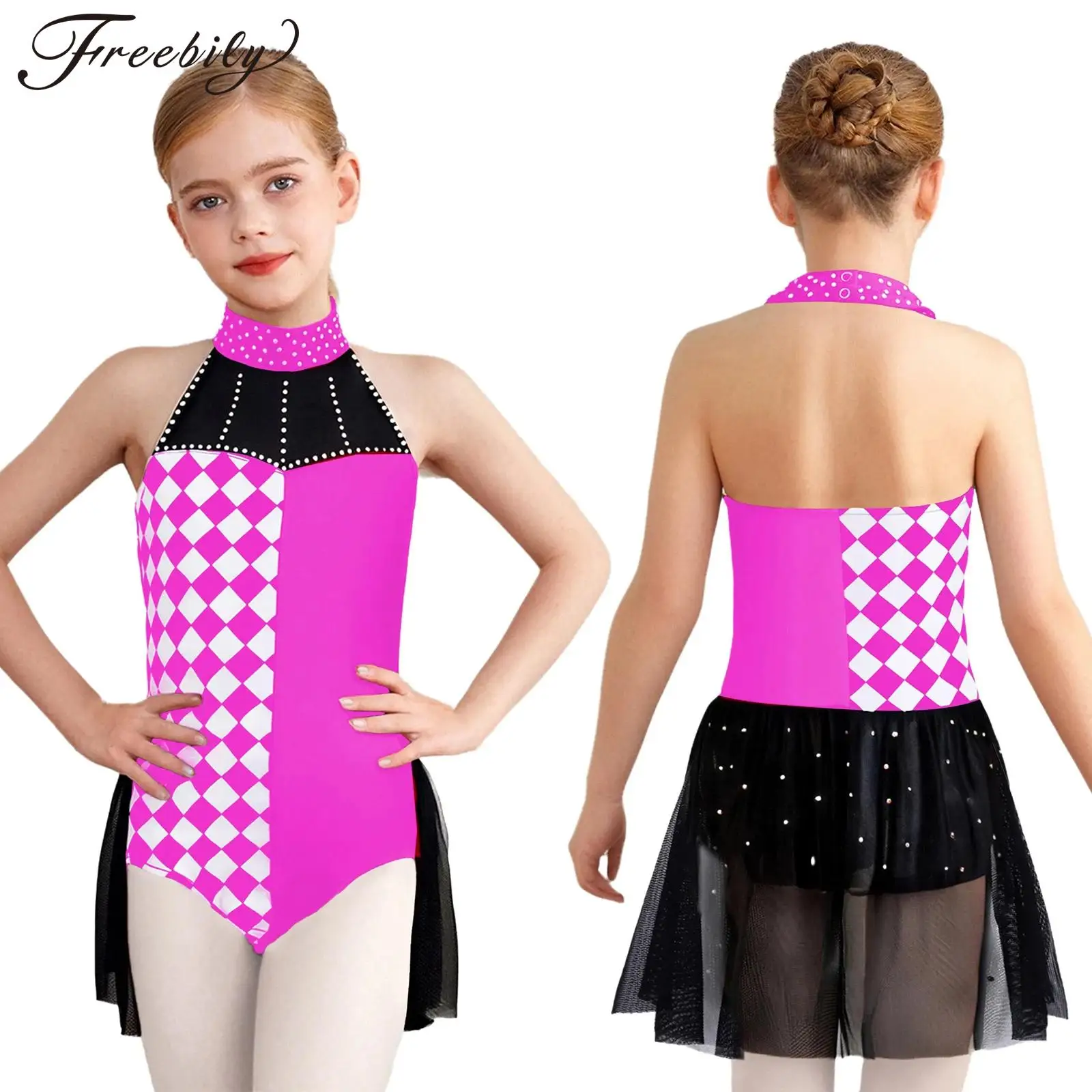 

Детское платье для косплея циркового клоуна на Хэллоуин для девочек, сетчатый купальник без рукавов со стразами, карнавальный костюм гонщика, костюм водителя