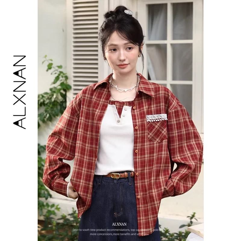 

ALXNAN Vintage Red Plaid Shirt Women Spring Casual Loose-fit Long Sleeve Blouse Red Checkered Cotton Classic Tops Female L62001