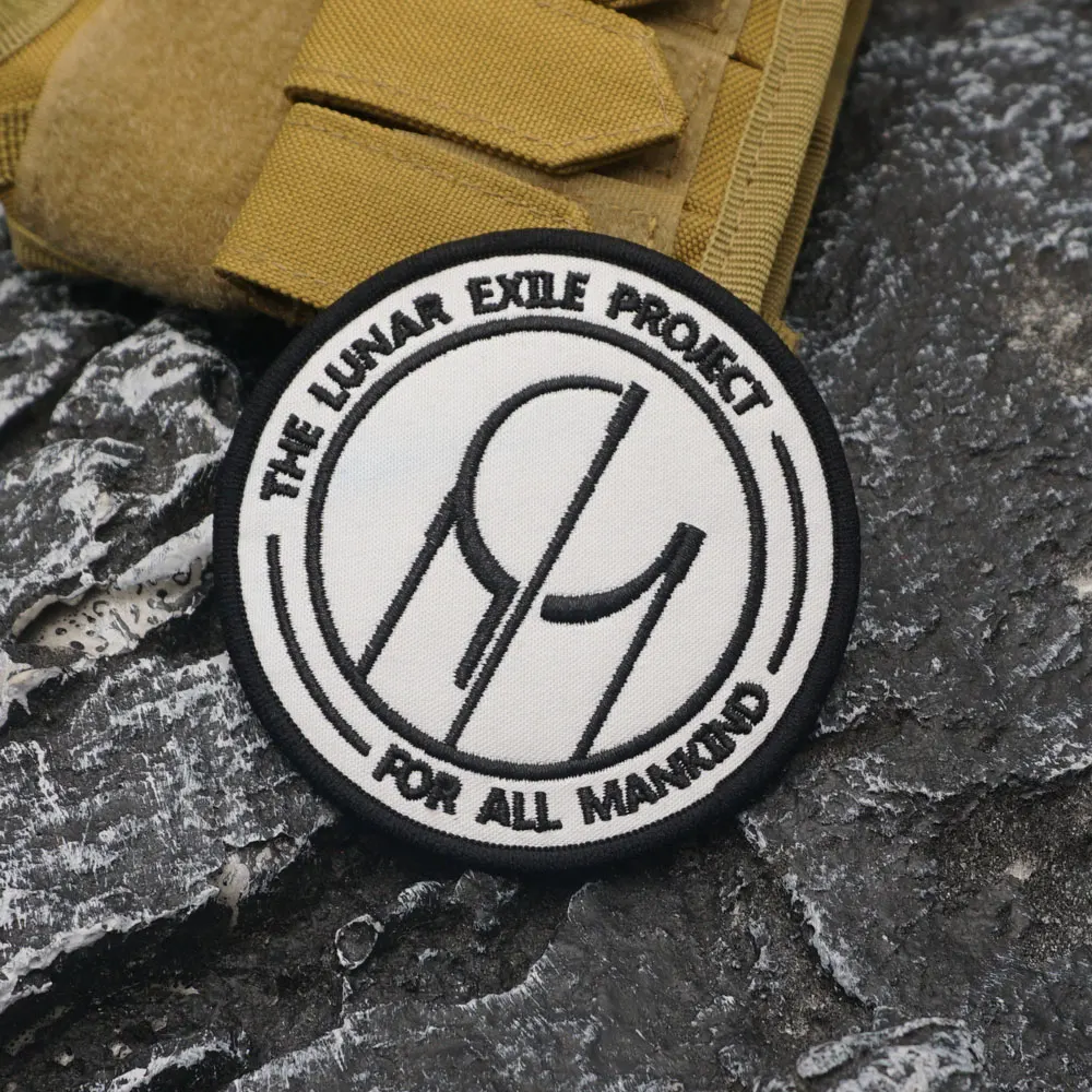 Chasing the Moon Plan Logo Embroidered Patch with merrow border, Sewable Applique for Clothing and Accessories