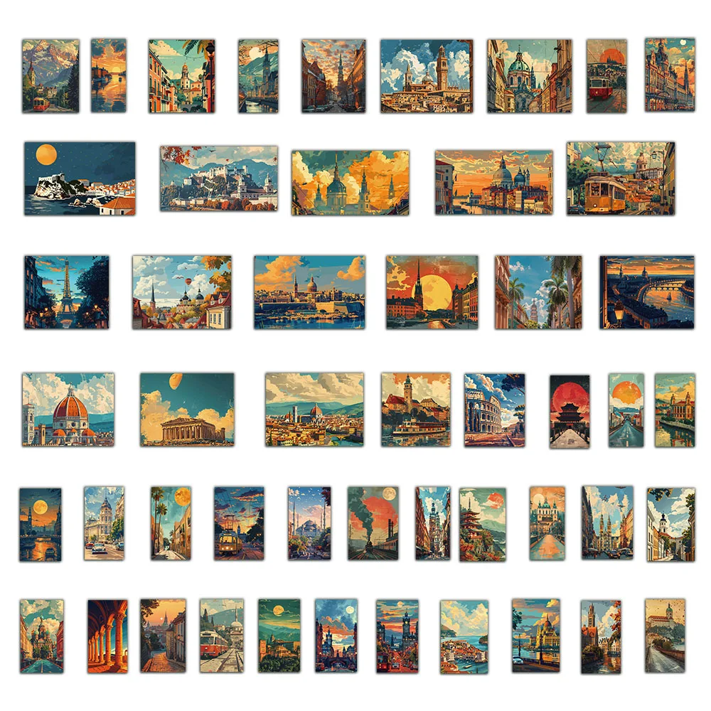 50PCS Retro Landscape Illustration Stickers Laptop Handbook Phone Case iPad Water Cup Stickers