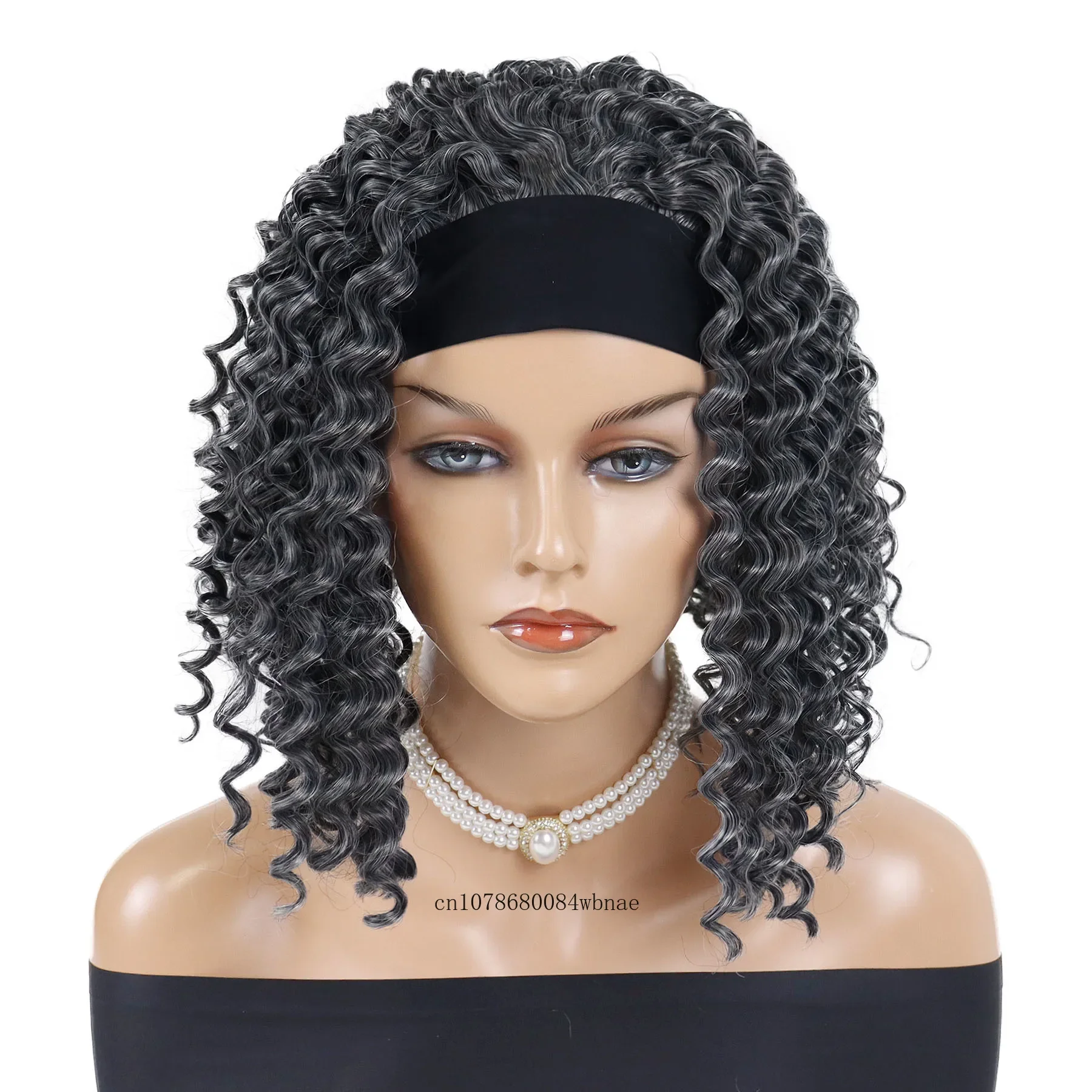 Perucas longas sintéticas macias encaracoladas para mulheres negras, resistente ao calor, peruca cosplay festa diária, headband cinza, cabelo mais velho, 12"