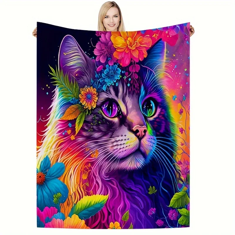 1pc, Flannel Creative Colorful Cat Print Blanket Comfortable And Soft Suitable For Adults And Children Multiple Specifications F