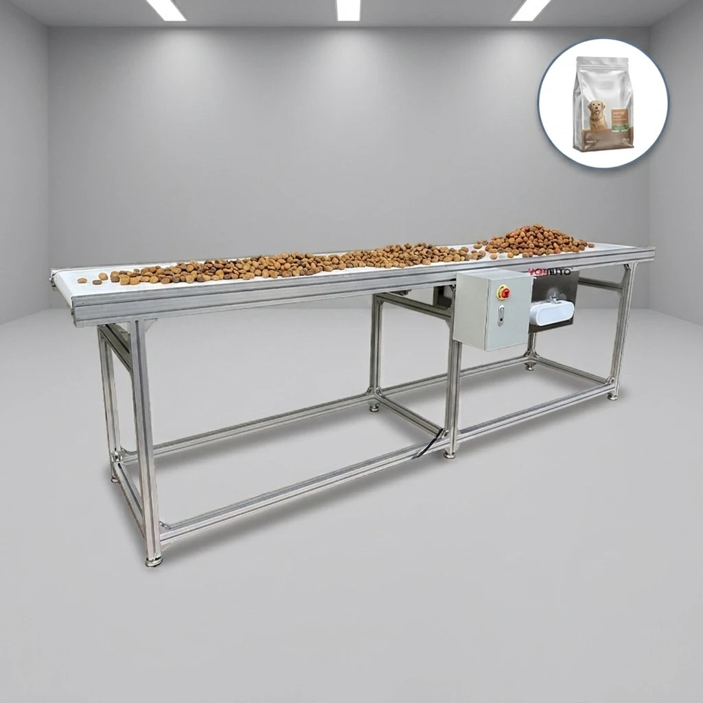Horizontal White Food Grade Flat Belt Conveyor Adjustable Speed for Argentina Pet Food Plant Auto Weighing Filling Sealing Line