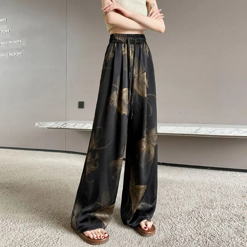 Chinese Style Ink Painting Wide Leg Pants Women Summer Loose High Waist Casual Trousers Baggy