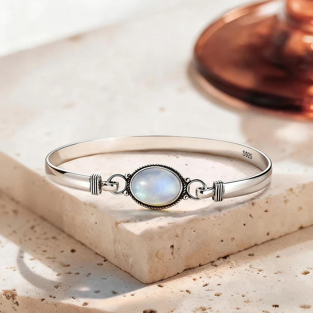

Vintage Silver Natural Oval Moonstone Bangle 7.5 inches Handmade Bangle Fine Jewelry Valentines Gift for Girlfriend Women
