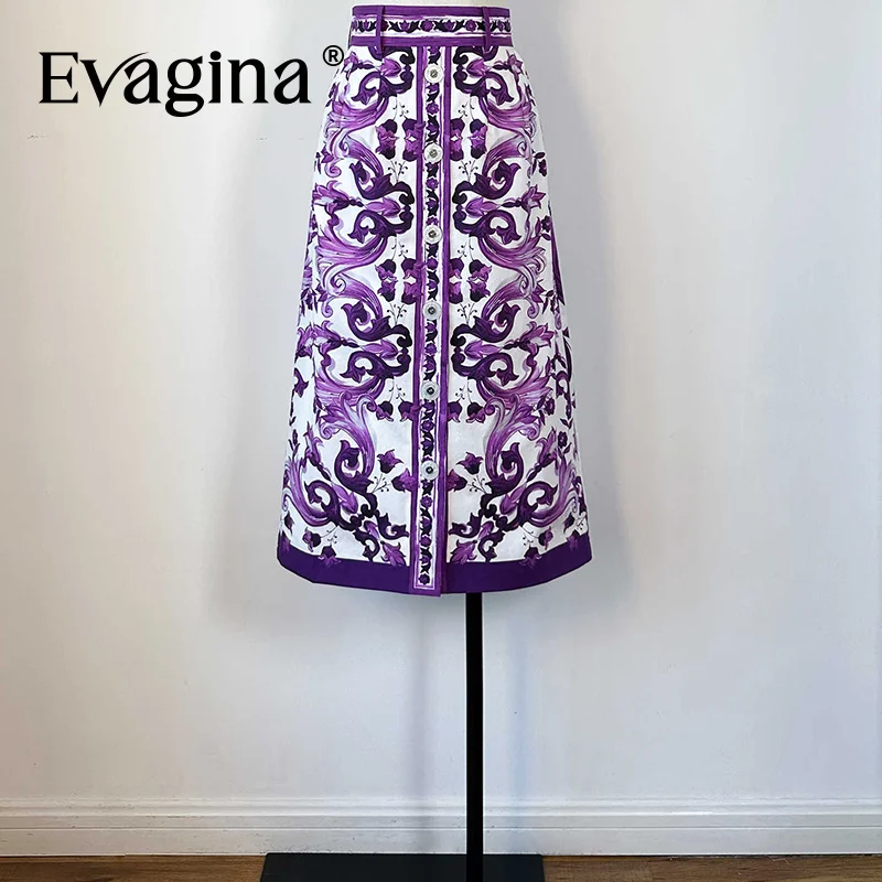 

Evagina 2025 spring and Summer Violet Printing Button Shopping Leisure Birthday Pure Cotton Knee lengthHigh Waist skirt