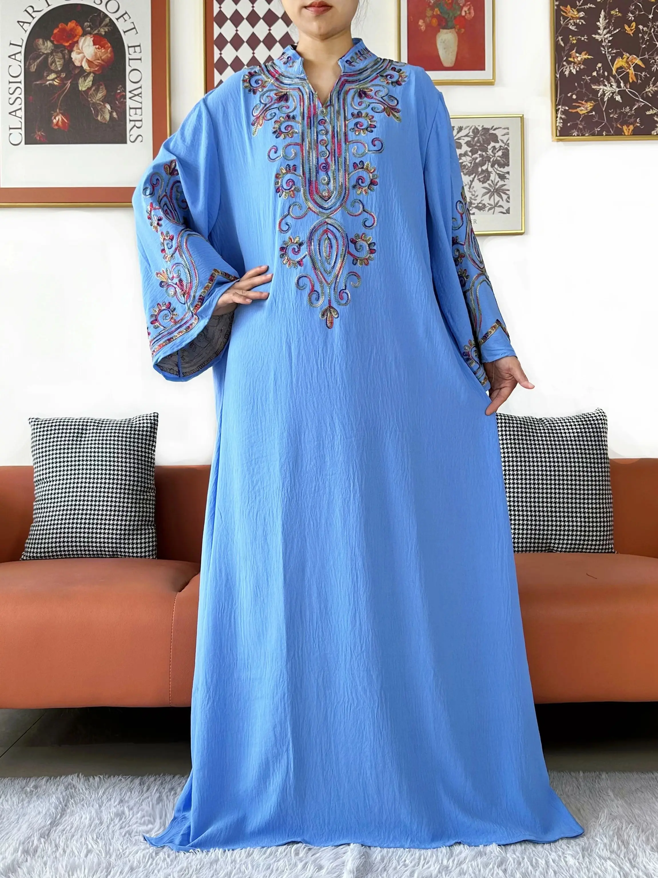 Latest Women Abaya Long Sleeve Embroidered Solid Cotton Women Loose Abaya Boho Maxi Dress Casual Fashion Dress African Vestidos