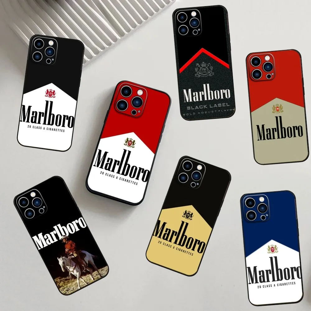 cigarette Phone Case For iPhone 16,15,14,13,12,11,Pro,X,XS,Max,XR,Plus,Mini M-Marlboro Silicone Black Shockproof TPU