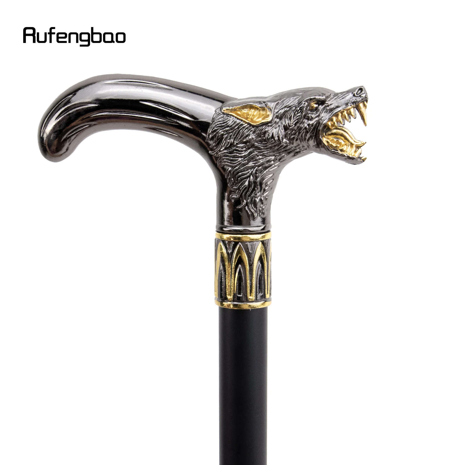 Golden Black Wolf Head Biting  Walking Stick with Hidden Plate Self Defense Fashion Cane Plate Cosplay Crosier Stick 93cm