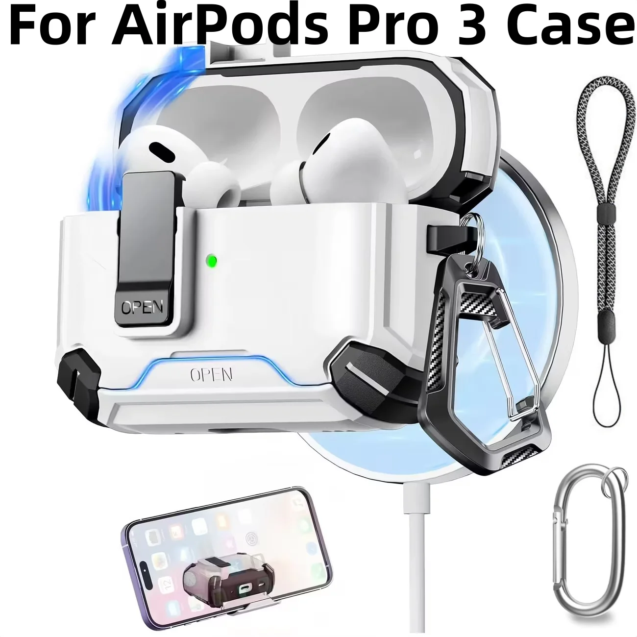 Phone Stand Case for AirPods Pro 3 with Lanyard and Keychain Magnetic Automatic Lock Design Cover for AirPods Pro 3rd Generation