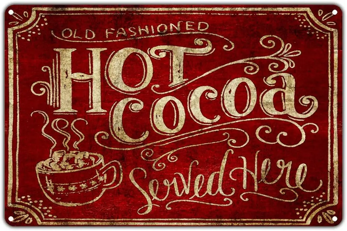 Plaque en métal vintage pour décorer l’extérieur, le bar à domicile ou les murs d’une rue : « Le chocolat chaud est servi ici » – en aluminium.