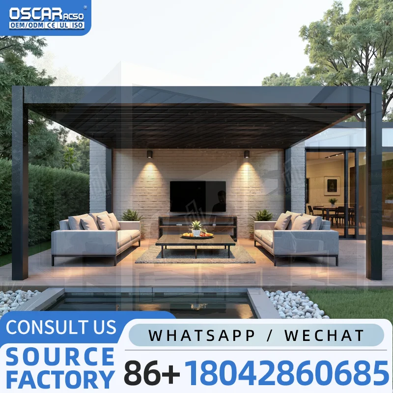 Motorized Bioclimatic Louvre Arches Roof Remote Control Outdoor Pergolas for Garden Shed and Outdoor Kitchen in European Regions