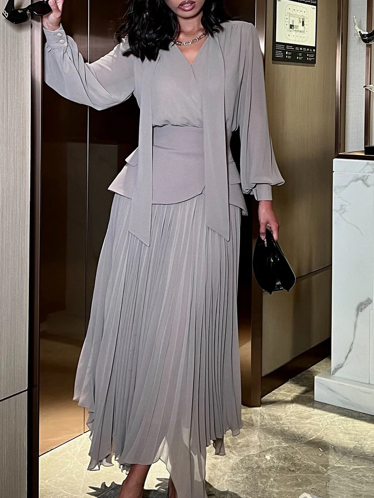 Casual Lady Solid Color Loose Commute 3 Piece Sets Temperament High Waist Set Fashion V-neck Chiffon Long Sleeve&Half Skirts Set - Image 3
