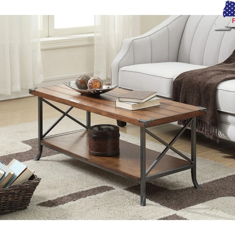 

Brookline Coffee Table with Bottom Shelf Grooved Top Decorative Metal Protectors Indoor Storage Display Elegant Design Durable