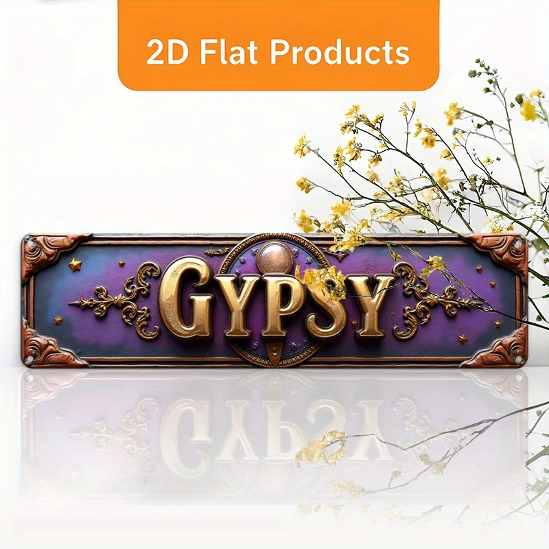 2D Flat - A Vintage-Style Aluminum Sign Featuring a 2D Flat Design Labeled 'GYPSY', Measuring 10X40 Cm (3.9X15.7 Inches). This R