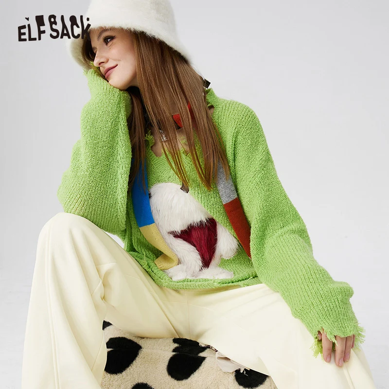 ELFSACK Loose Sweater Fluffy Appliques V-Neck Woman 2024 Spring Knitwears T-Shirts