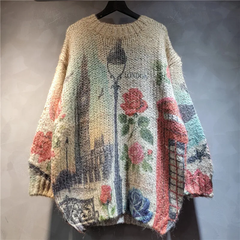 WTHT mode femmes dessin animé impression conception pull en tricot ample 2025 automne à la mode col rond manches longues pulls femme 1LS2571