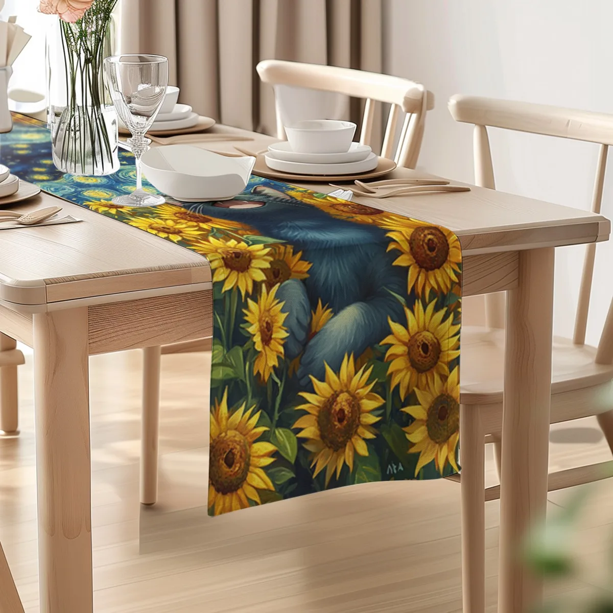 decor table runner Sunflower and Starry Night Style Print Table Flag for family party,dining table decoration,festival party dec