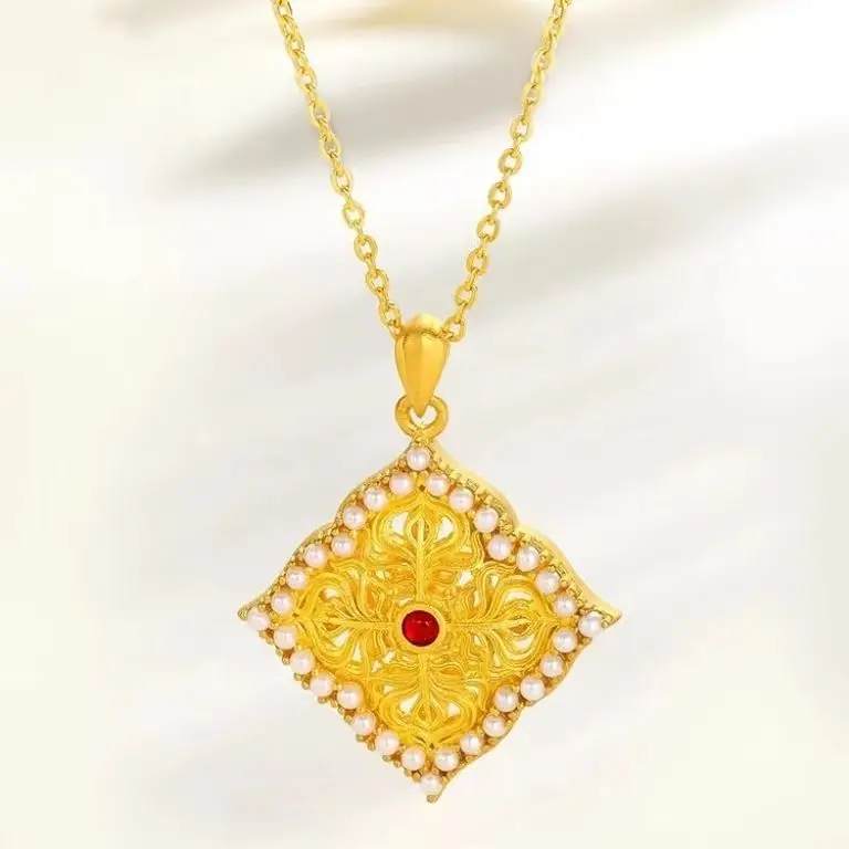 18k Yellow Color Gold Pearl Palace Pendant Necklace for Women Clavicle Chain Gold Necklace Christmas Day Fine Jewelry Gifts