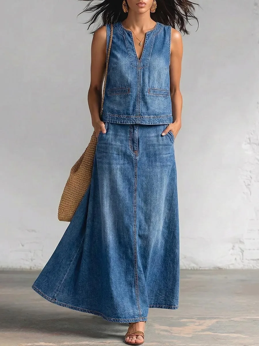 

Женский комплект Freeacy: джинсовый жилет без рукавов с V-образным вырезом и синим эффектом потертости, а также джинсовая макси-юбка А-силуэта с высокой талией. Повседневный комплект для отпуска.