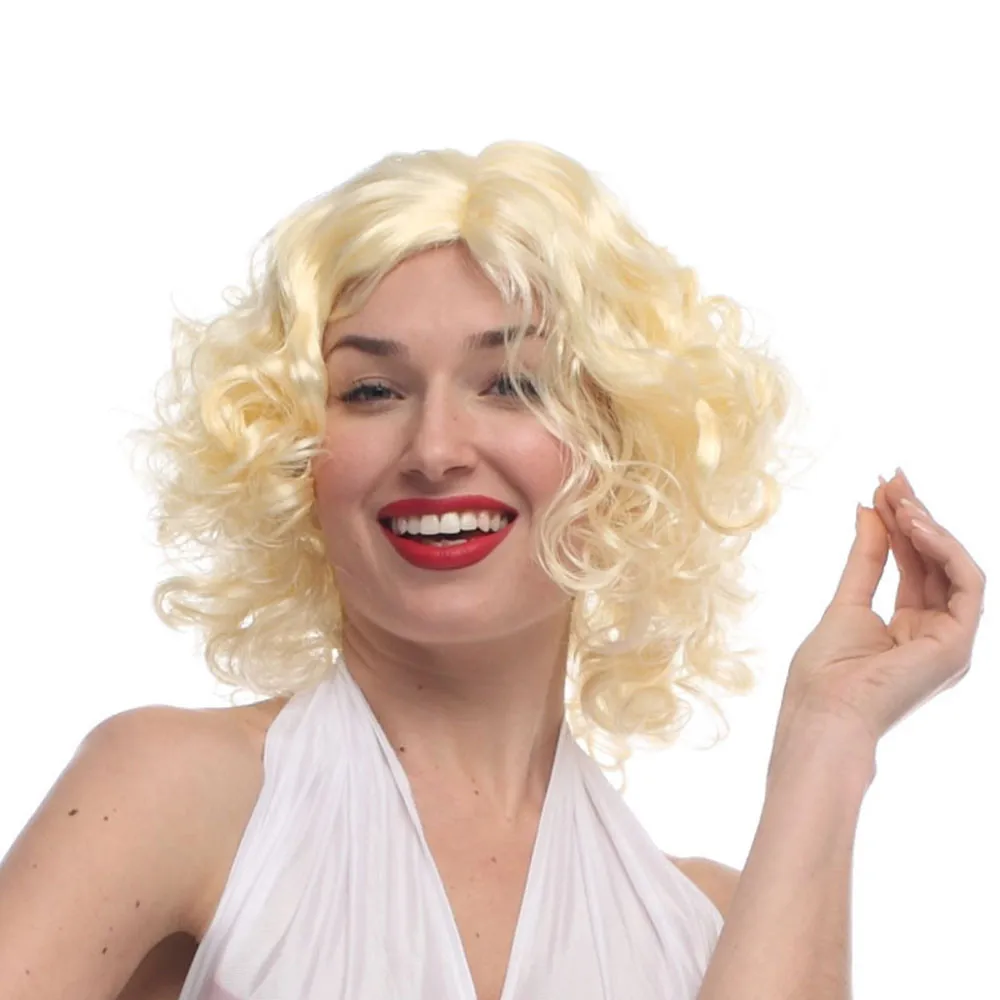 شعر مستعار مارلين مونرو كوس الاصطناعي أنيق وعصري قصير ذهبي مجعد للنساء