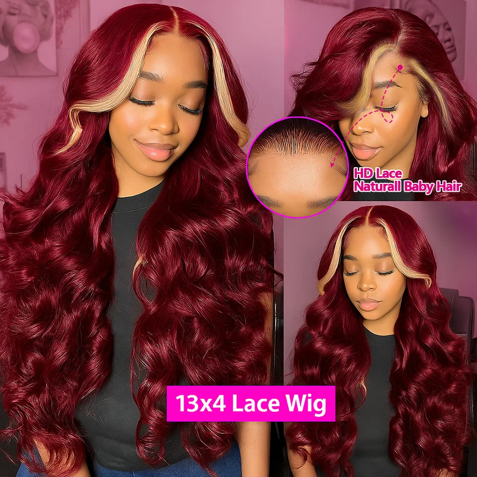 ترقية 99J/613 تسليط الضوء على شعر مستعار 13X4 الجسم موجة الدانتيل الجبهة خصلات الشعر المستعار الإنسان شقراء مع بورجوندي الأحمر تسليط الضوء على شعر مستعار دانتيل شفاف