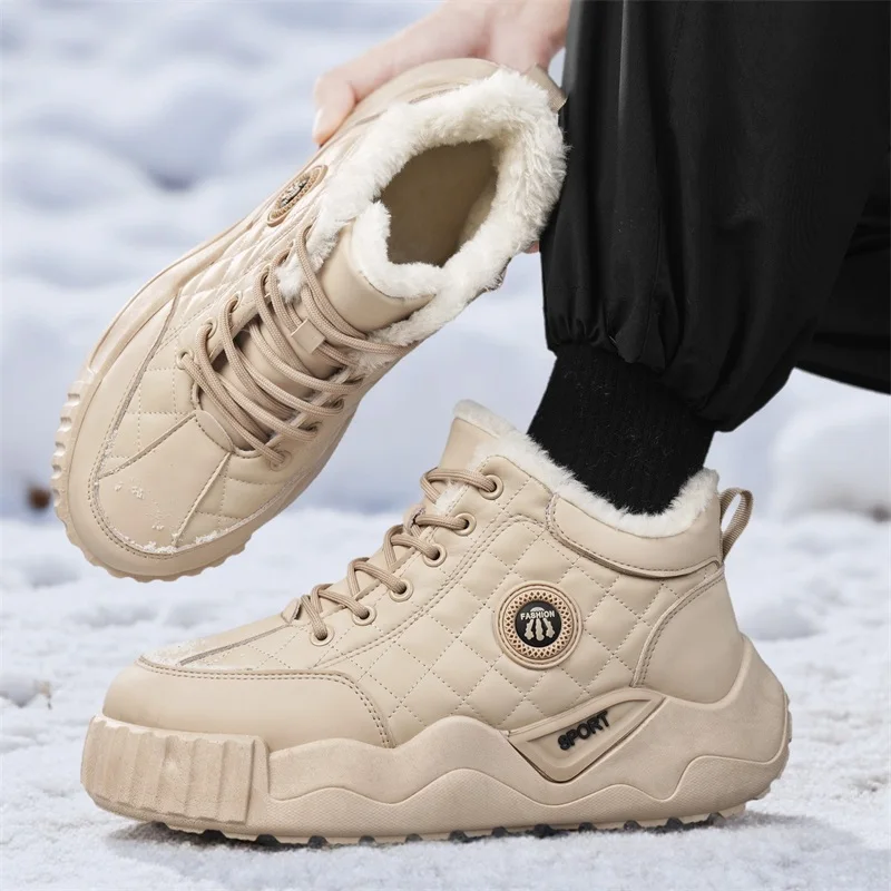 

Men's 2025 Fall Winter Thick Sole Boots - Mid-Top Fleece Lined Thickened Warm Cold-Resistant Casual Cotton Boots