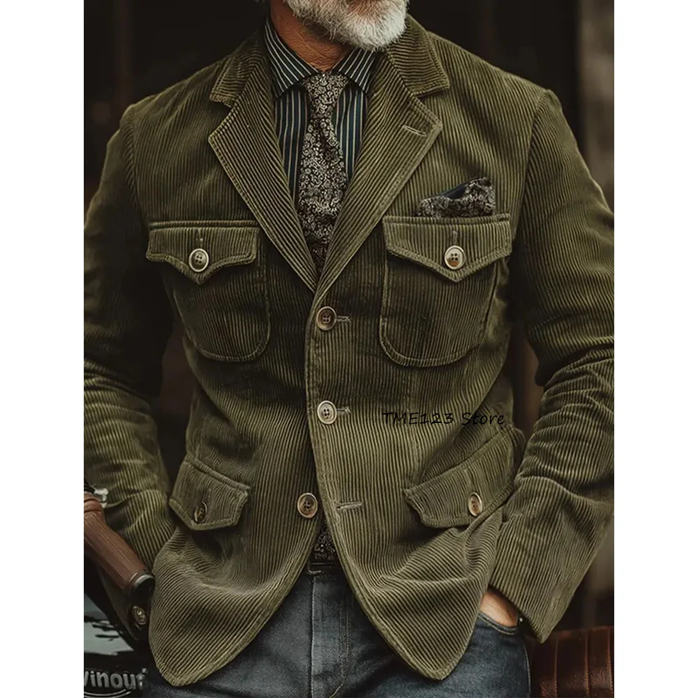 

Man Jackets High Quality Corduroy Fabric Single-breasted Fashion Suit Four Pockets Men's Social Coat Notched Lapel Urban Blazers